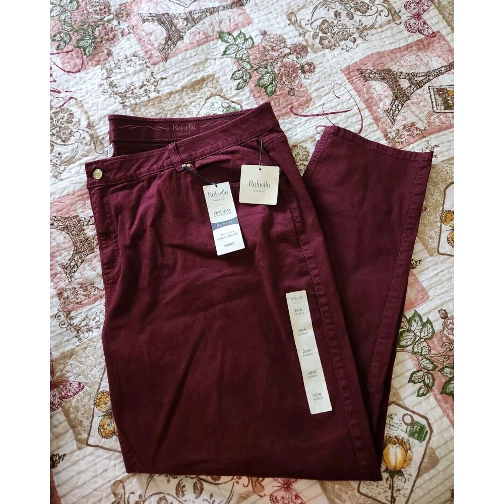 Rafaella‎ Women's Skinny Denim Pants Stretch High- Rise Burgundy Size 28W